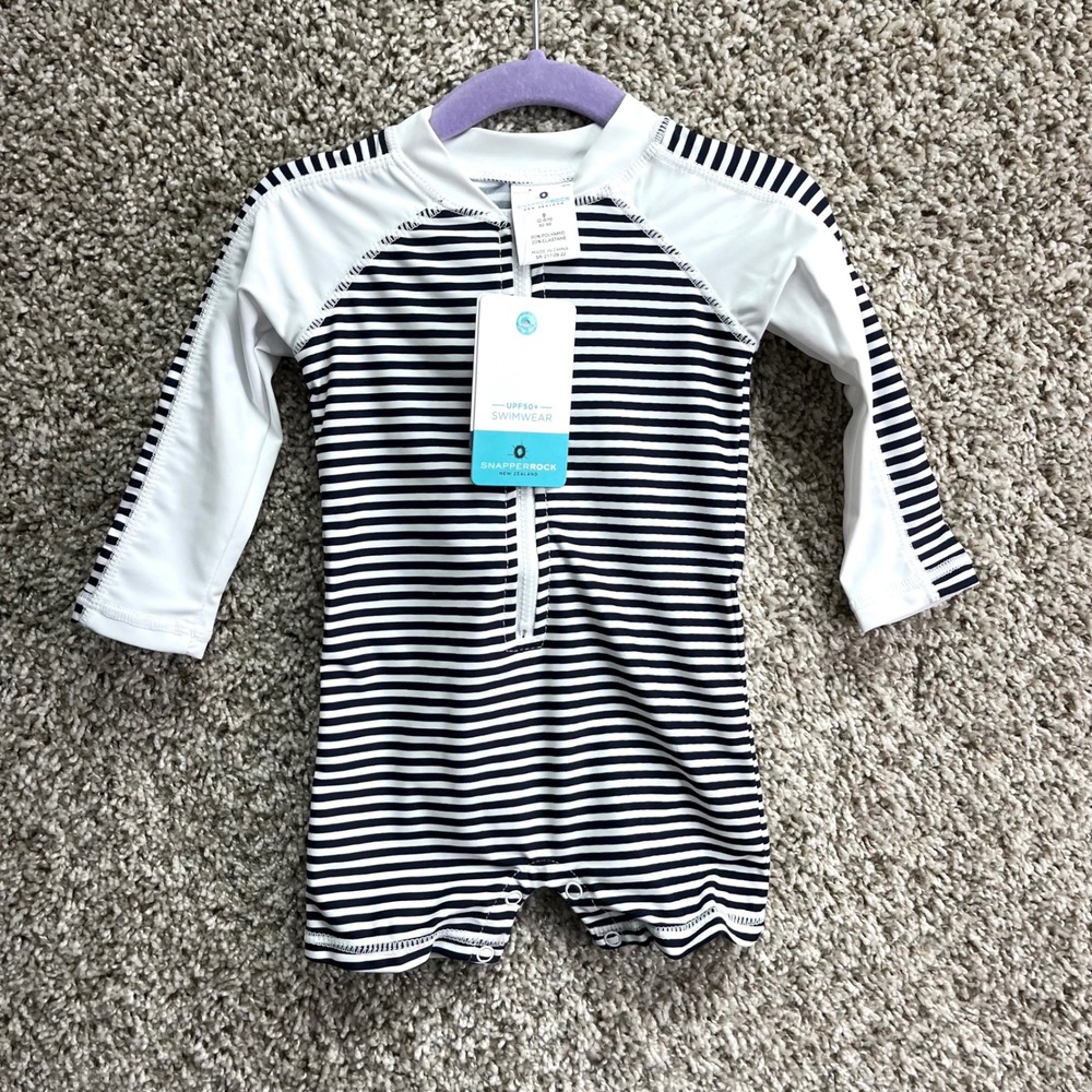 Snapper Rock Swimsuit Baby 0-6M Navy/White Nautical Striped Long Sleeve NWT‎